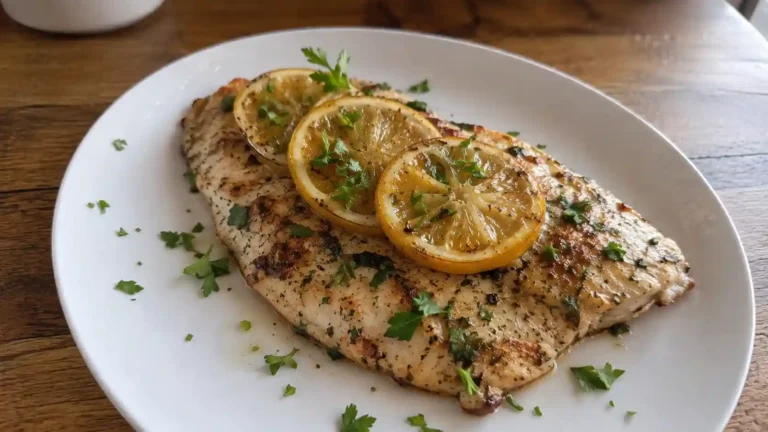 baked mahi mahi recipe served with lemon and parsley on a wooden table