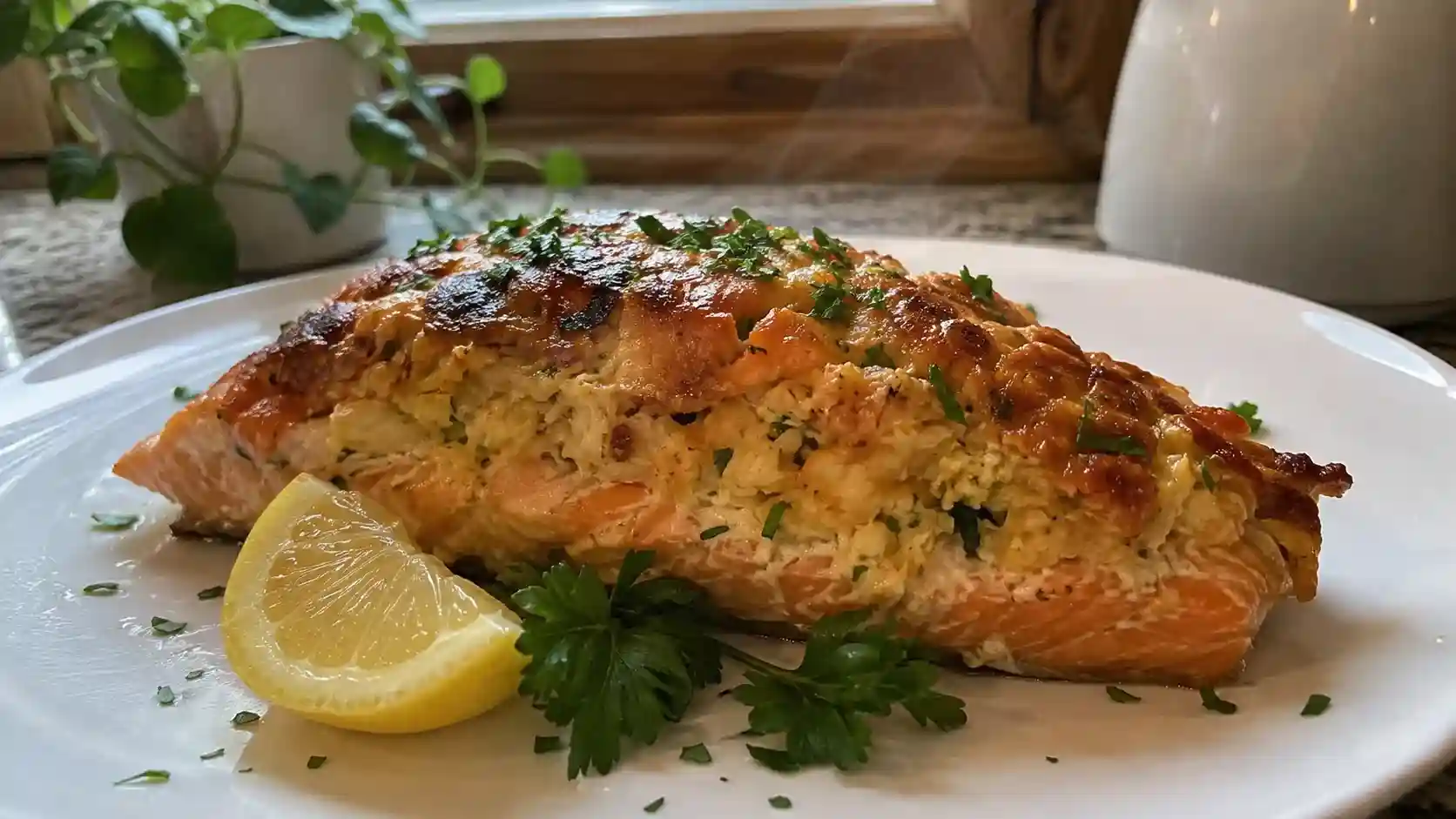 crab stuffed salmon recipe served on a white plate with lemon and herbs