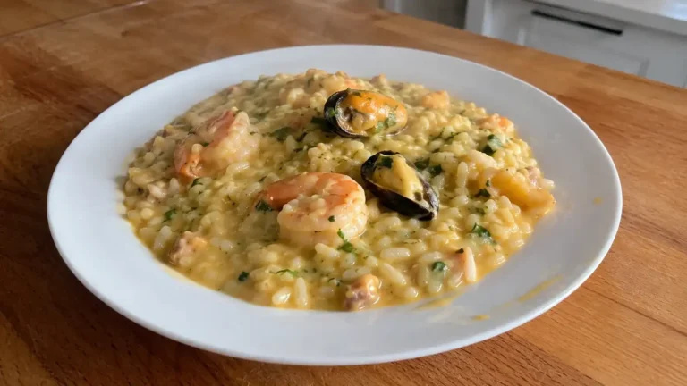 creamy seafood risotto recipe served in a white bowl