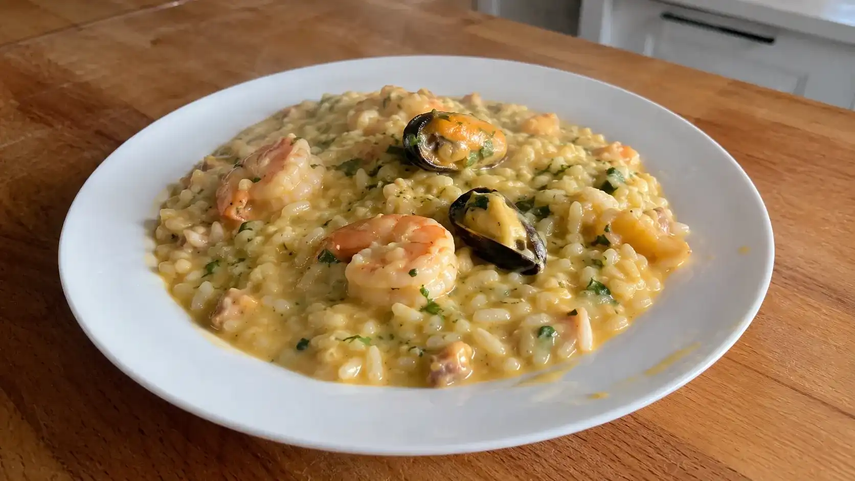 creamy seafood risotto recipe served in a white bowl