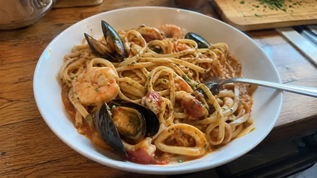 seafood pasta recipe with shrimp, mussels, and calamari in tomato sauce