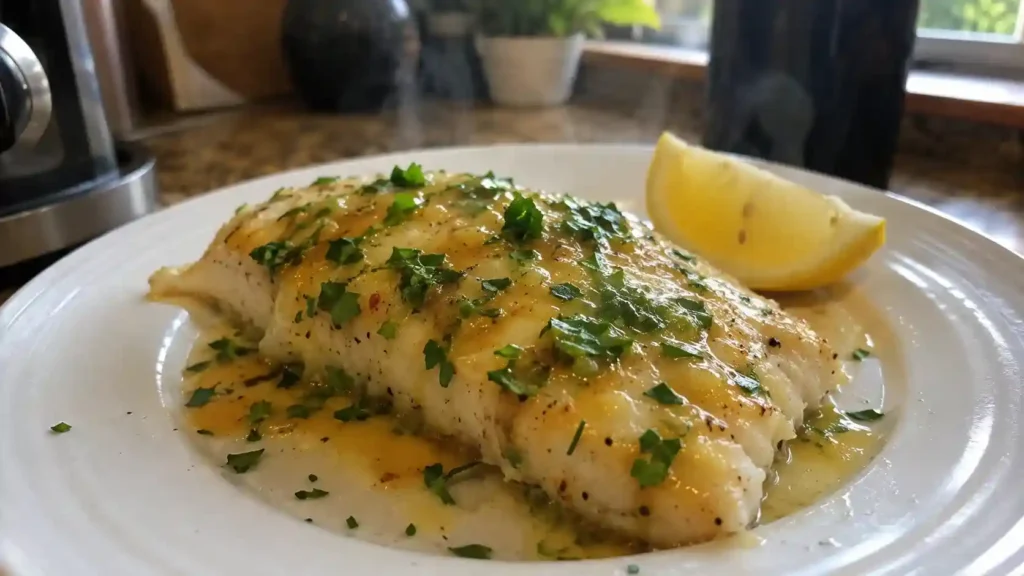Lemon butter sauce for fish served over fresh white fish with lemon and parsley