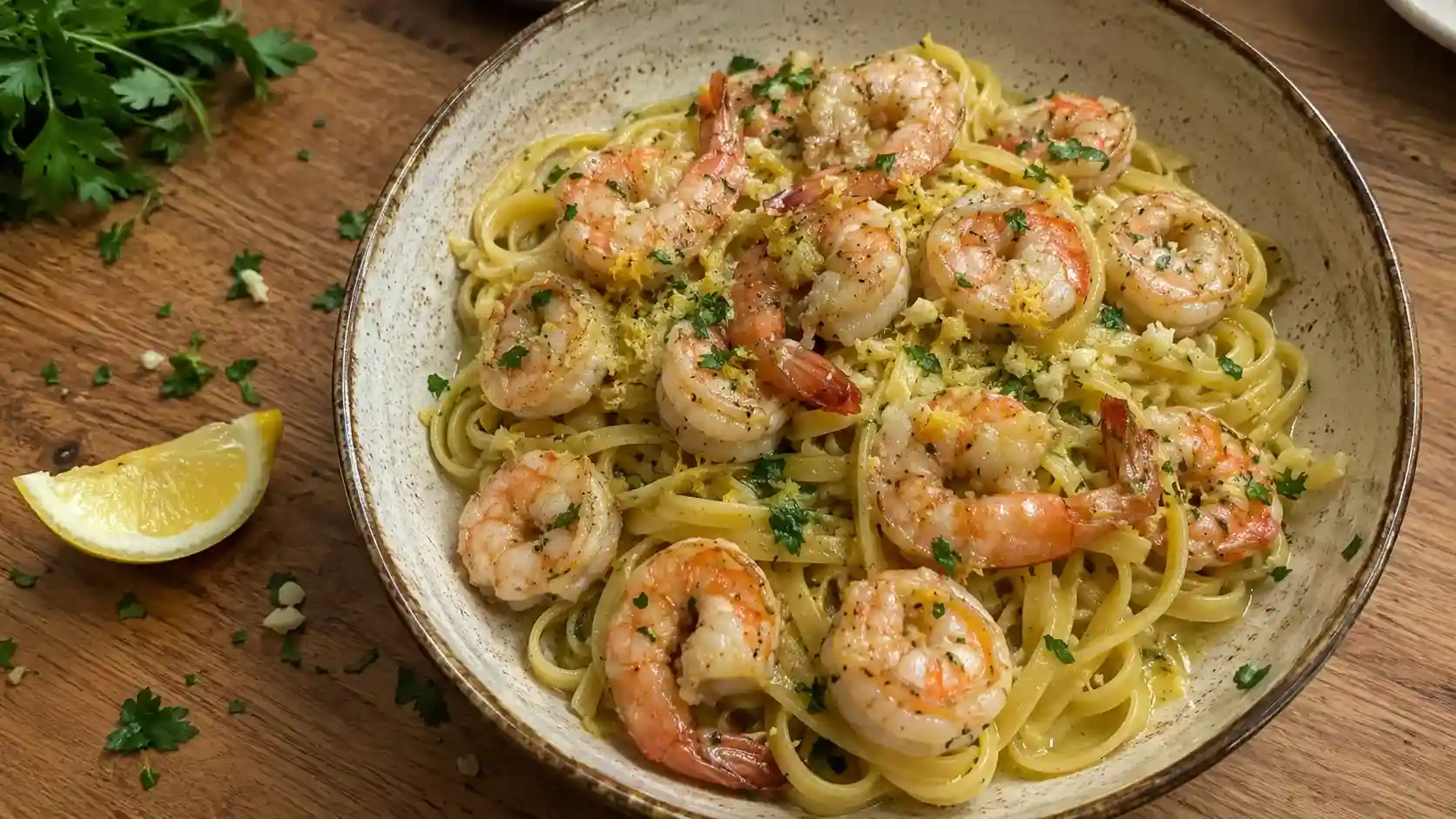 shrimp scampi recipe without wine served over pasta with lemon