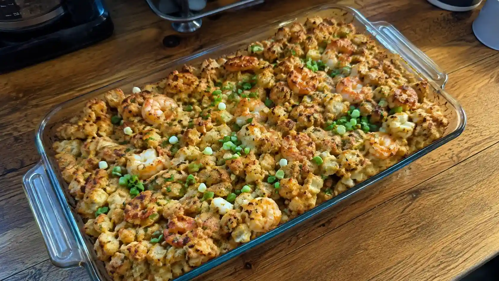 Cajun seafood stuffing recipe fresh out of the oven in a home kitchen