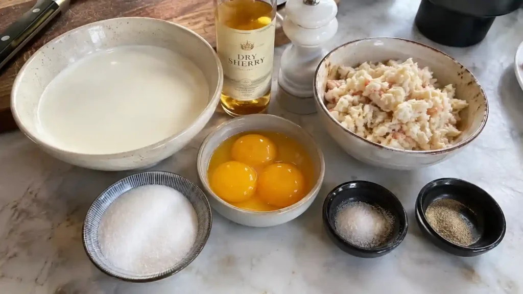 Crab brulee recipe ingredients laid out before preparation
