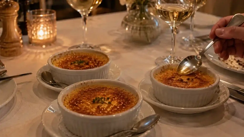 Crab brulee served as an appetizer at a dinner party