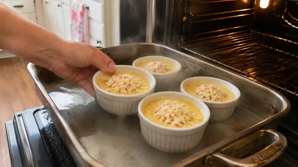 Crab brulee ramekins baking in a water bath in the oven