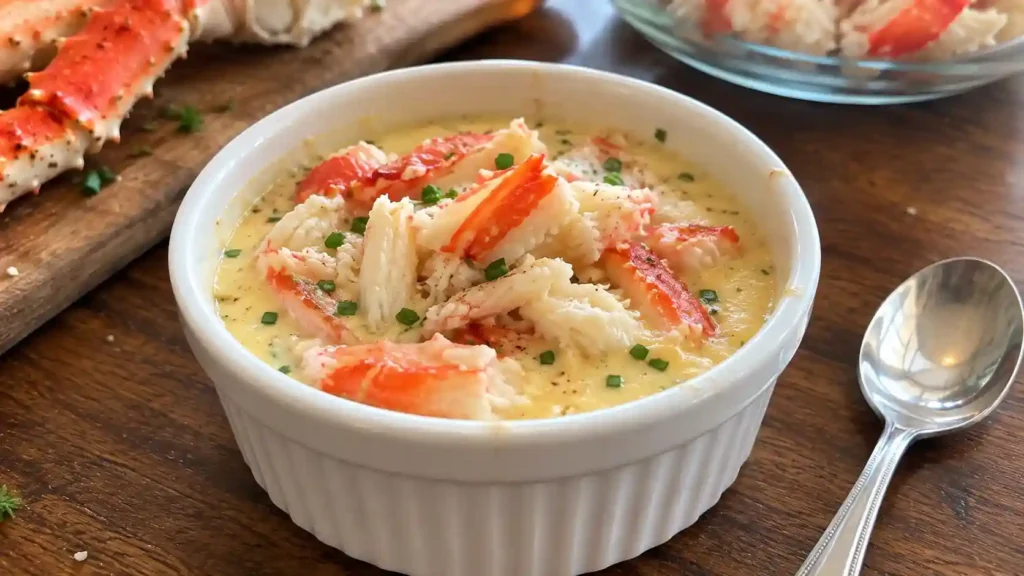 King crab brulee with large, visible chunks of king crab